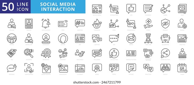 Social media interaction icon set with like, comment, share, post, follow, friend, tag, message, profile and notification.