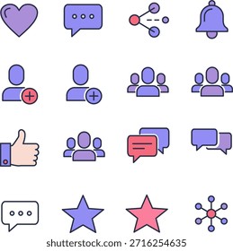 Conjunto de iconos de interacción de redes sociales: me gusta, comentarios, notificaciones y comunidad. Conjunto de iconos de Vector plano que ilustra la interacción de las redes sociales y la participación de la comunidad en línea. Incluye iconos de "me gusta", comentarios, acciones compartidas, notificaciones, perfiles de usuario, grupos, reacciones, calificaciones y conexiones de red. Perfecto para redes sociales, App móviles, interfaces UI UX, dashboards, imágenes de marketing y proyectos de comunicación digital.