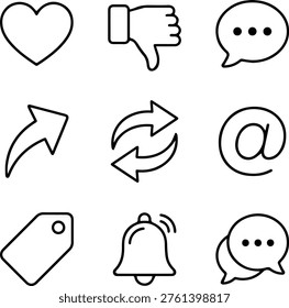 Social media interaction icon set with heart dislike repost and mention for digital engagement