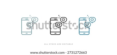 Social media interaction icon set - like, notification, satisfaction, appreciation, Smartphone symbol outline Vector, with with heart  bubble Symbol, Doodle design. Vector illustration