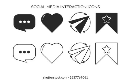 Social media interaction icons: comment, like, share, and save, presented in both filled and outline styles.