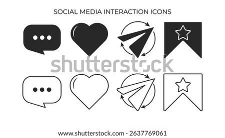 Social media interaction icons: comment, like, share, and save, presented in both filled and outline styles.