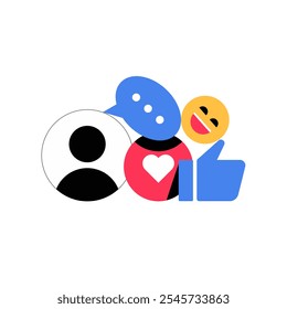 Social Media Interaction Icons Including Like And Comment Symbols, Flat Vector Illustration Symbolizing Digital Communication And User Engagement, Isolated On White Background.