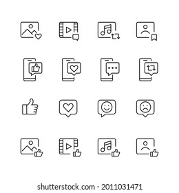 Social media interaction icons. Like, thumbs up, save, emoji, repost and share signs. Video, photo, user and messages. Pixel perfect, editable stroke.