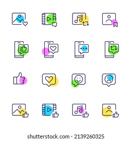 Social media interaction icons. Like, thumbs up, save, emoji, repost and share. Video, photo, users. Pixel perfect, editable stroke fun color icons