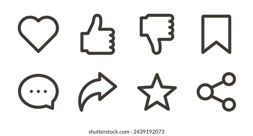 Social media interaction icons. Like, dislike, save, comment, favorite, share and more. Vector illustration symbols for digital communication and user engagement concept, apps and websites.
