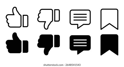 Social media interaction icons symbolize like, dislike, comment, and save features for network platforms and websites