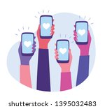 Social Media Interaction. Social network communication on mobile app. Hands holding smartphone with like button on the screen. Mobile application and modern technology concept. Flat style vector