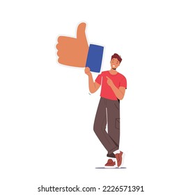 Social Media Interaction, Social Network Communication On Mobile App Concept. Male Character Holding Big Thumb Up Icon Notification. Follower Gives Like In Networks. Cartoon People Vector Illustration
