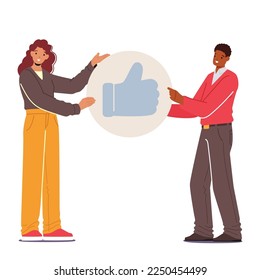 Social Media Interaction, Social Network Communication On Mobile App Concept. Male and Female Characters Holding Big Thumb Up Icon. Follower Gives Like In Networks. Cartoon People Vector Illustration