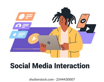 Video Persona de la interacción de los medios sociales que usa el ordenador portátil con las burbujas del chat y los Elementos coloridos del smartphone en el fondo blanco