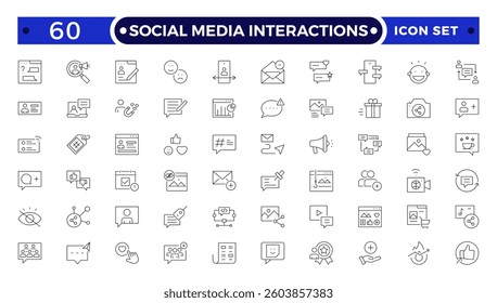 Social media Interactions, Communication, speaking and talking outline icon set. People interacting, speech bubbles, social interactions, collaboration and multiple communicating methods. 
