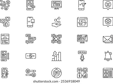 A coleção de ícones de interações de mídias sociais é uma ilustração vetorial com traçado editável.