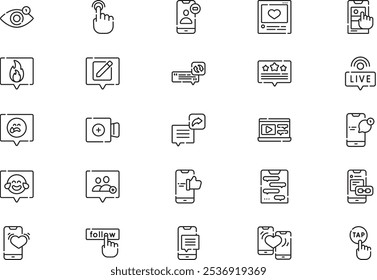 Die Kollektion von Symbolen für Interaktionen in sozialen Medien ist eine Vektorgrafik mit bearbeitbarem Strich.