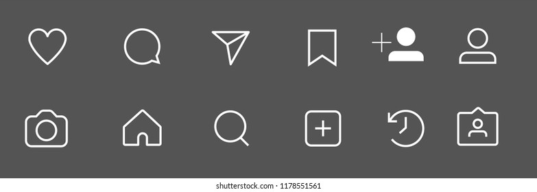 Social Media Interface Buttons, Icons: Comment, Dm, Saved, Profile, Camera, Home, Search, New Post, Story, Tag Post. Vector Illustration.