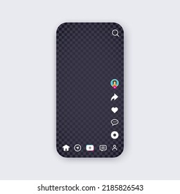 Social media interface concept. Tik tok phone screen ui mockup with like icon, search, home button, add new video button isolated. Photo or video frame transparent for mobile app. Vector illustration.
