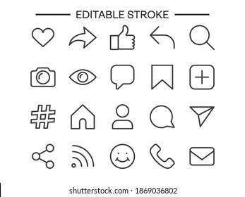Social Media Interface Editable Stroke Icons Set, Buttons, Thin Linear Vector. Communication Outline Icon Set UI, Like, Share Website Design Illustration Pictogram Isolated On White