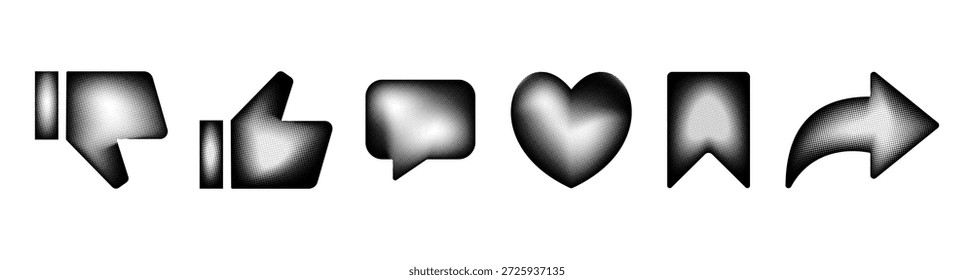 Social media interface halftone icon set. Like, dislike, unlike, thumb, comment, love, save, bookmark, share, forward, message sign symbol. Transparent vector illustration