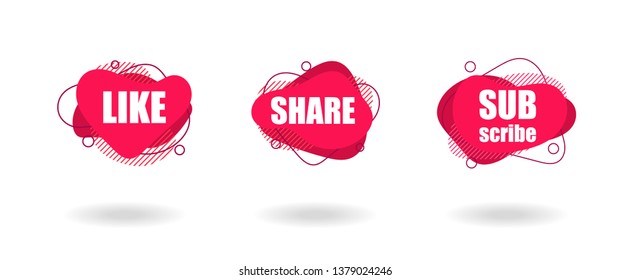 Social media interface icon buttons, words on liquid shape background, poster, banner, mobile app, website, like share subscribe
