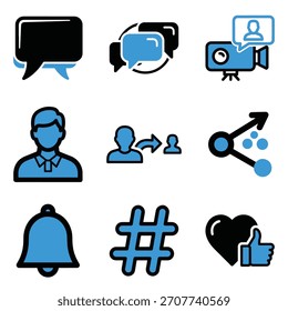 Social Media Interface Icon Collection – Chat, Video Call, Profile, Share, Notification, Hashtag Symbols