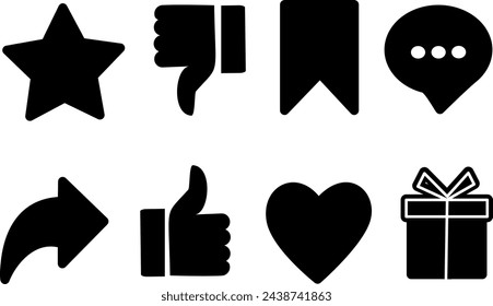 Social media interface icon set, star, unlike, save, comment, share, like, love, message, thumb and gift. Replaceable vector design.