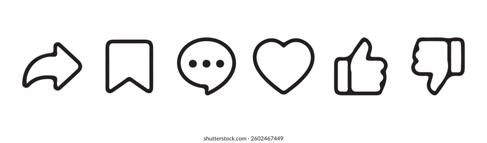 Social media interface icon set in line style. like, unlike, comment, share, message, thumb and save simple black style symbol sign. Vector Illustration Eps 10