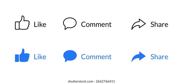 Conjunto de iconos de interfaz de redes sociales. Me gusta, Compartir, y comentario icono Botón Vector