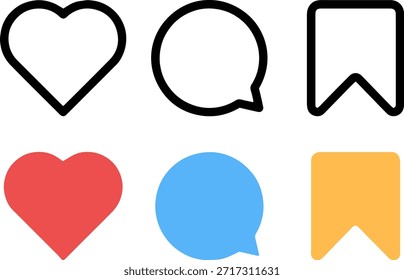 social media interface icon set, flat vector like comment and save button symbols