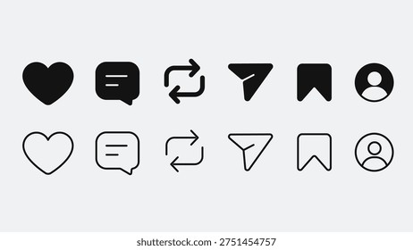 Social media interface icon set including like, comment, share, user profile, repost, and bookmarks symbols. Clean vector UI elements for mobile applications, digital platforms, and web design. SMM