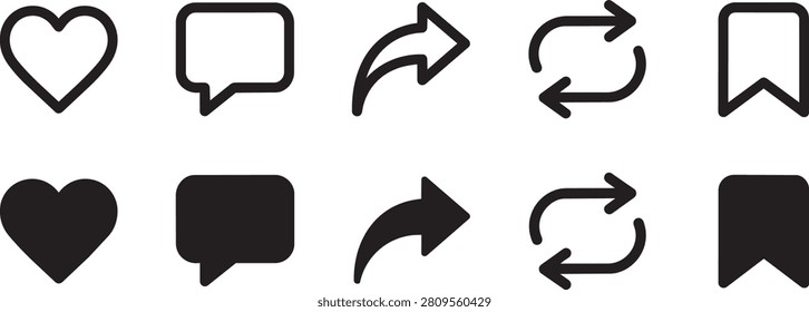 Social Media Interface Icon Set – Like, Comment, Share, Repost, and Bookmark Vector Symbols