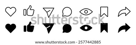 Social media interface icon set. Comment, direct, chat, like, view, share symbols. Vector interface icons