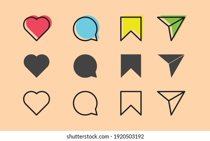 Elemento de plantilla de diseño de iconos de interfaz de medios sociales. Colorido plano, negro y línea. Ilustración de icono del vector de diseño