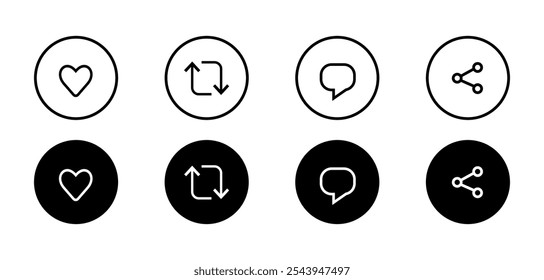 Ícones de interface de mídia social isolados, Responder, Comentários, Como e Compartilhar Icon Vetor Illustration, Conjunto de Ícones de Mídia Social.