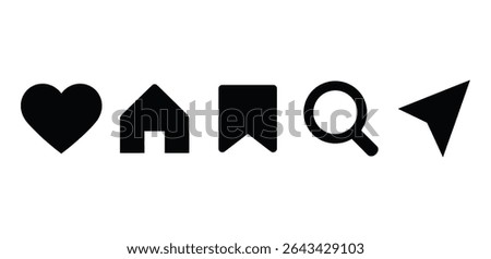 Social Media Interface Icons: Like, Home, Save, Search, and Share Symbols

