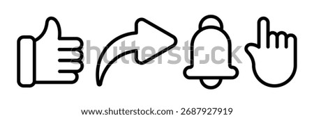 Social media interface icons like, share, notification, and click