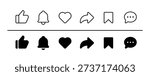 Social Media Interface Icons Set. Like, Notification, Heart, Share, Save, and Comment Symbols.