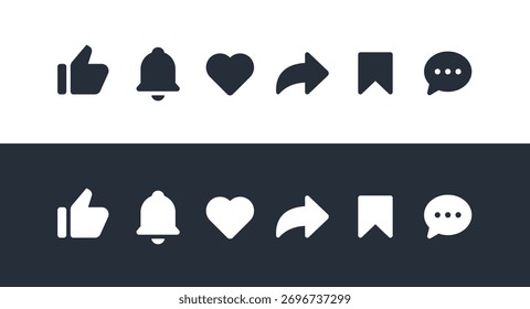 Social Media Interface Icons Set. Like, Notification, Heart, Share, Save, and Comment Symbols.