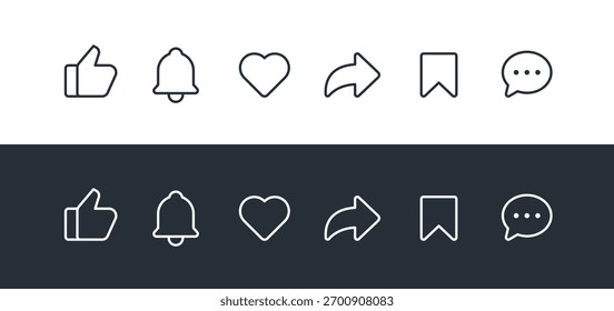 Social Media Interface Icons Set. Like, Notification, Heart, Share, Save, and Comment Symbols.