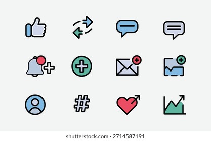 Conjunto De Iconos De Interfaz De Redes Sociales: Like, Compartir, Comment, Notification Analytic