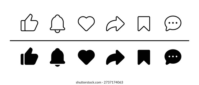 Social Media Interface Icons Set. Like, Notification, Heart, Share, Save, and Comment Symbols.