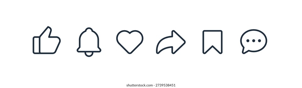 Social Media Interface Icons Set. Like, Notification, Heart, Share, Save, and Comment Symbols.