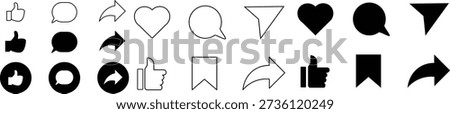 Social Media Interface Icons Set with Like Heart Comment Bubble Share Arrow and Bookmark Symbols in Line and Glyph Style