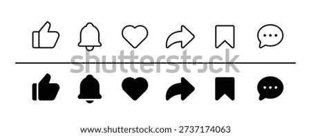 Social Media Interface Icons Set. Like, Notification, Heart, Share, Save, and Comment Symbols.