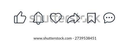 Social Media Interface Icons Set. Like, Notification, Heart, Share, Save, and Comment Symbols.