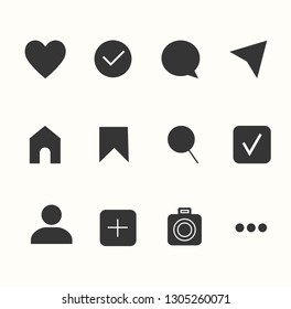 Social media interface set buttons, icons: home, camera, comment, search, photo camera, heart, like, user story. Vector illustration. EPS 10