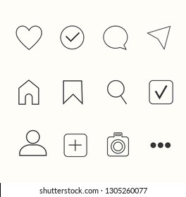 Social media interface set buttons, icons: home, camera, comment, search, photo camera, heart, like, user story. Vector illustration. EPS 10