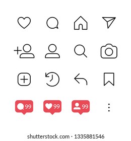 Social media interface set buttons, linear vector icons.