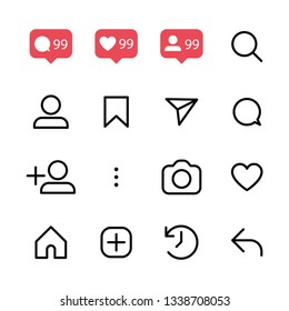 Social media interface set buttons, linear vector icons.