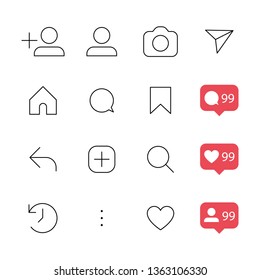 Social media interface set buttons, linear vector icons.