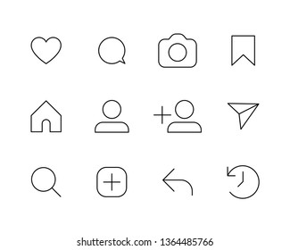 Social media interface set buttons, linear vector icons.